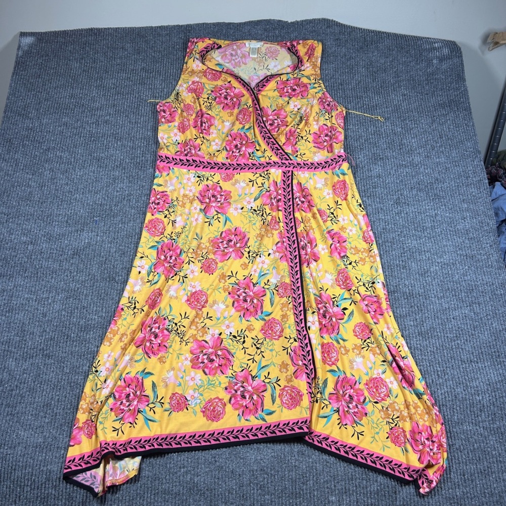 London Times Dress Woman 18 Yellow Pink Floral Faux Wrap Midi Plus Sleeveless
